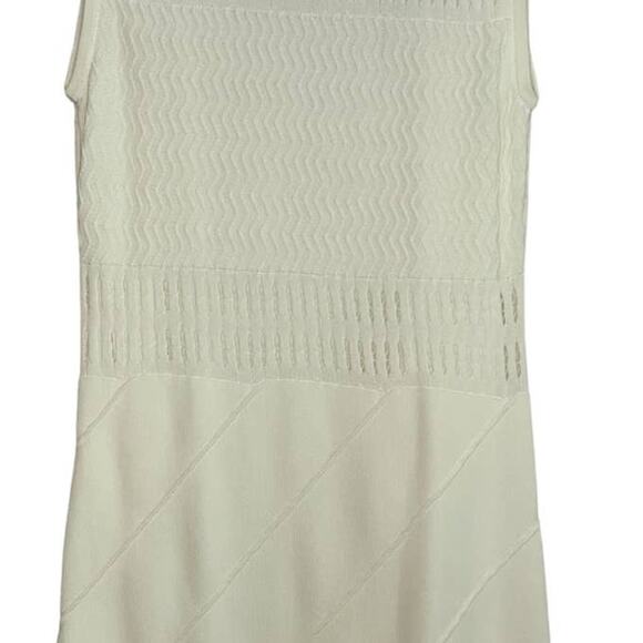 NWT Bebe White Bodycon Scalloped Neckline Mesh Ruffled Diagonal Bottom Dress XS - Picture 4 of 9